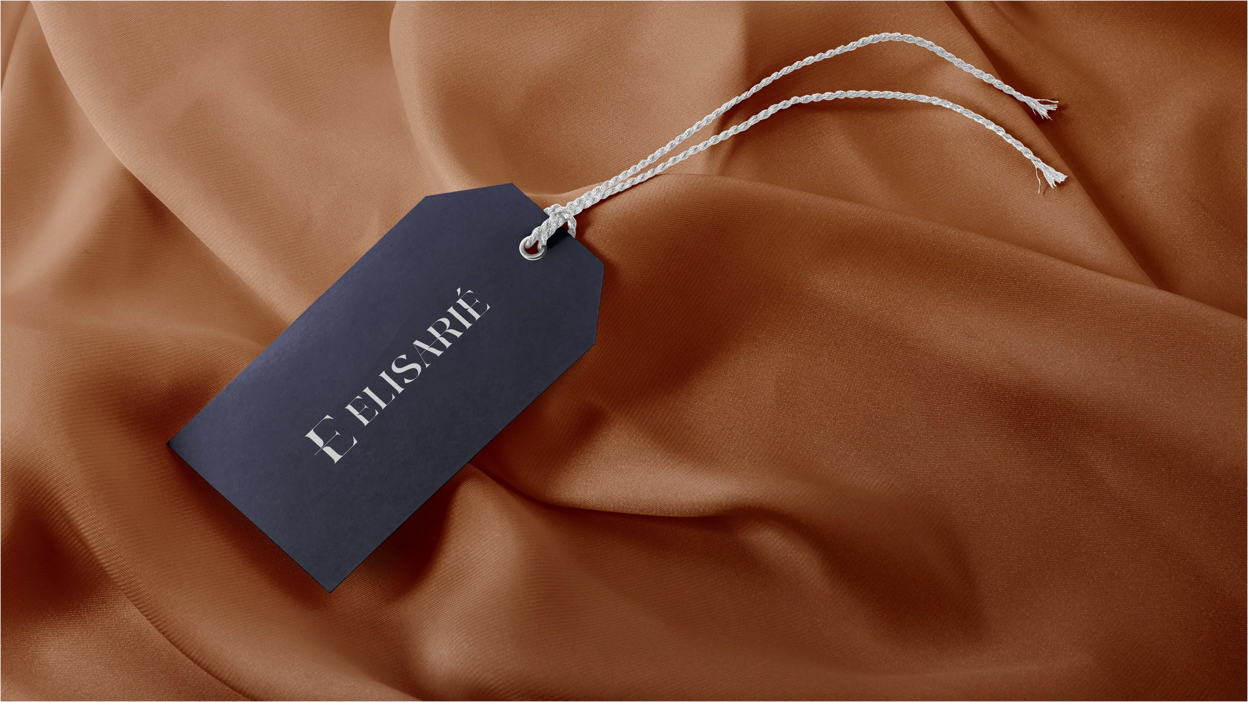 Elisarié custom serif wordmark and navy and terracotta type system across collateral